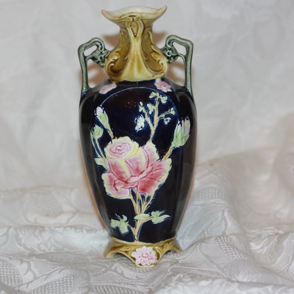 Art Nouveau MAJOLICA Two Handle Vase Cobalt & Flowers Stunning!